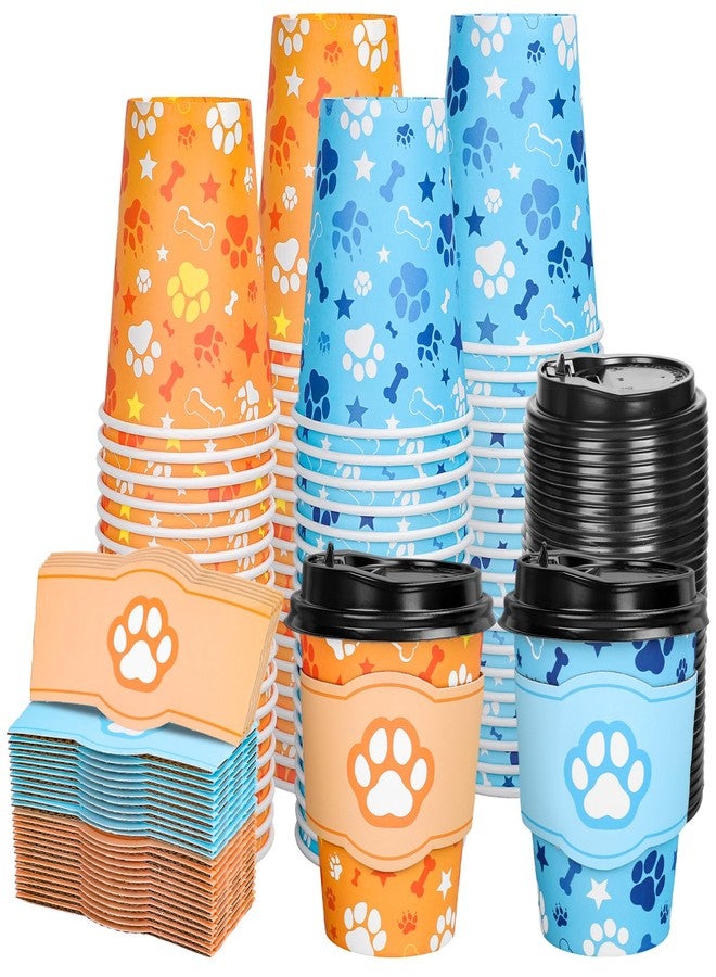 JarThenaAMCS 50Pcs Birthday Dog Paw Disposable Coffee Cup with Lids and Sleeves 12Oz Blue Orange Paw Themed Paper Drinking Cups for Puppy Pet Baby Shower Party Supplies - Image 1